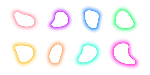 Set of blurry irregular shapes. Colorful organic blobs with neon gradient borders isolated on white background. Asymmetric bubbles, liquid blots, fluid splots, distorted forms. Vector illustration.