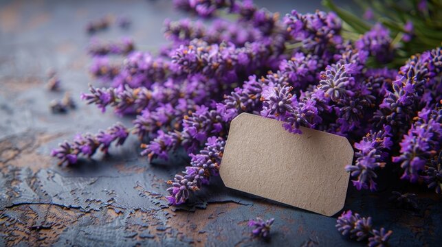 Mockup / Close up of bouquet of violet purple lavendula lavender branches ( Lavandula angustifolia ) flowers herbs with empty label, on purple paper texture table background, top view