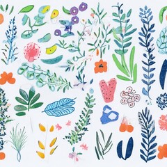 Obraz premium A collection of seamless pattern, colorful abstract plants and flowers. Hand drawn Collection of leaves and flowers. A close up of a pattern of flowers and leaves. 