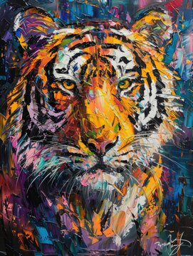 Painting of colorful tiger. Animal head, portrait art Colorful abstract oil acrylic on canvas