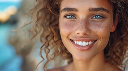 A close up of a woman with freckles and blue eyes, AI - obrazy, fototapety, plakaty