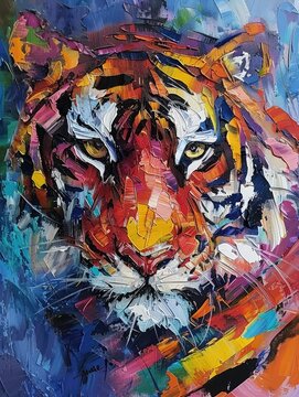 Painting of colorful tiger. Animal head, portrait art Colorful abstract oil acrylic on canvas