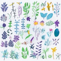 Obraz premium A collection of seamless pattern, colorful abstract plants and flowers. Hand drawn Collection of leaves and flowers. A close up of a pattern of flowers and leaves. 