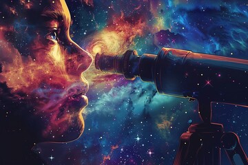 An astronomer gazing through a telescope, the stars rearranging into iconic pop art faces , soft lighting
