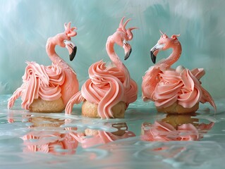 Croissant flamingos stand elegantly on one leg, their coral pink icing reflecting in a mirror glaze lake , soft lighting - obrazy, fototapety, plakaty