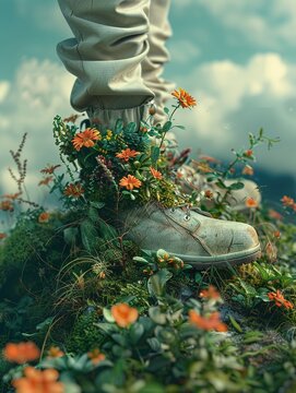 An ecologist with a green thumb so powerful, flowers bloom in their footsteps, each petal a miniature artwork , 3D render