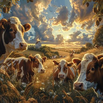 Cows in a field moo in approval as they watch a farmer bake croissants, dreaming of creamy fillings , high resolution DSLR