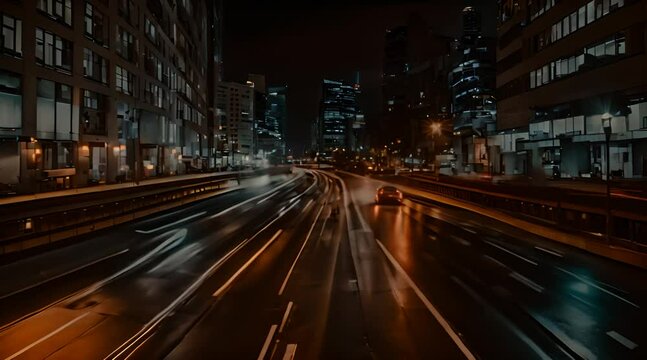 Midnight Motion: Night Traffic Flowing Through City Streets
