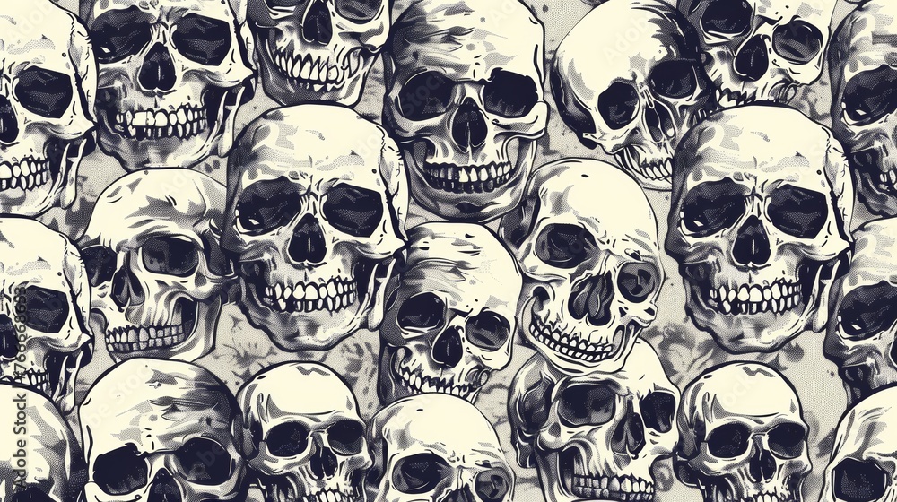 Poster a large number of skulls are shown in a pattern, ai