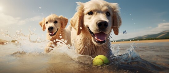 Two companion dogs of the Labrador Retriever breed are frolicking in the water, chasing a tennis ball. Their fawn fur glistens in the sun - obrazy, fototapety, plakaty