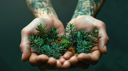A person is holding a bunch of small and green plants, pine tree branches in their hands. . Concept...