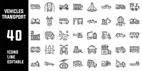 40 Vehicles Transport Icons Set Pack Line Editable Vector Illustration - obrazy, fototapety, plakaty