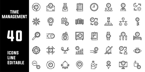 40 Time Management Icons Set Pack Line Editable Vector Illustration