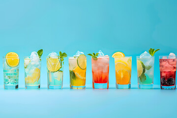 A series of colorful cocktail glasses filled with refreshing drinks on a vibrant blue background, perfect for happy hour promotions 
