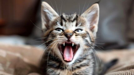 Obraz premium A kitten yawning while laying on a bed with its mouth open, AI