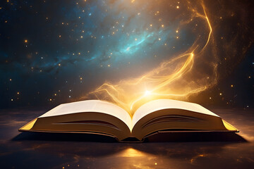 Golden book on galaxy background, golden rays around the book, glow, lines, sparks, and space for text - obrazy, fototapety, plakaty