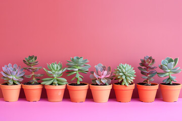 Fototapeta premium A series of potted succulents arranged in a gradient pattern on a vibrant magenta background, adding a touch of nature to any space