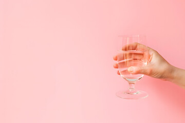 Hand holding water glass on solid pastel pink background with ample copy space for customizable text placement 