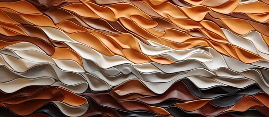 Detailed view of a wall constructed with a variety of different hues of leather materials in close proximity