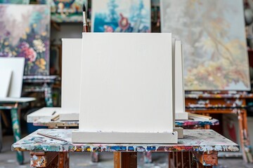 Blank Canvases Ready for Painting on Easels in an Artistic Studio with Colorful Paintings in Background