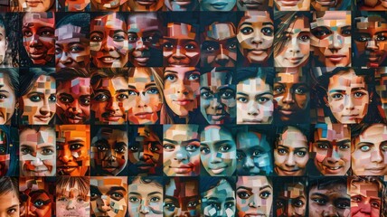 Collage of diverse human faces. Emblematic of diversity and unity, this artwork is ideal for themes of equality, community, and the human mosaic. - obrazy, fototapety, plakaty