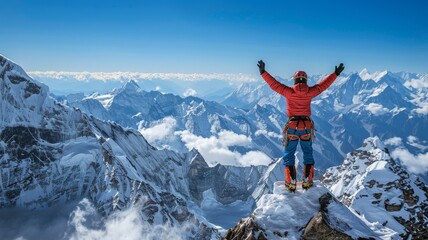 Climber's victory on snowy peak. Capturing the essence of achievement, this image can serve as a metaphor for success, challenge, and adventure in promotions and inspirational content. - obrazy, fototapety, plakaty
