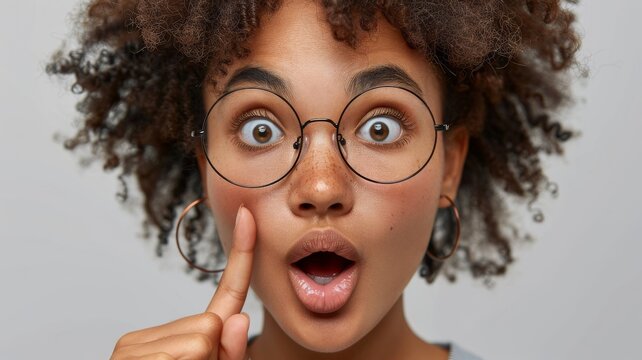 Surprised woman with glasses captures unexpected moments. Perfect for content on realization or surprising news. Ideal for articles, blogs, and ads.