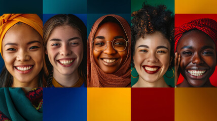 Diverse women's smiles against colorful backdrops, symbolizing joy and unity. - obrazy, fototapety, plakaty