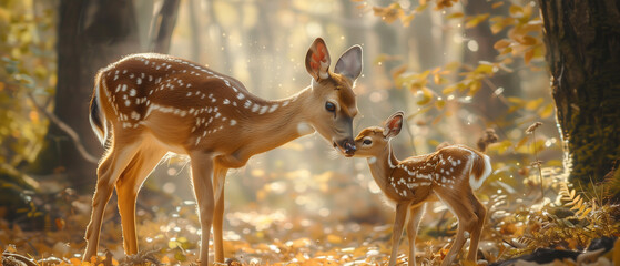 A stunning photograph capturing the gentle beauty of a doe and her fawn in a sundappled forest - obrazy, fototapety, plakaty