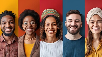 Vibrant multicultural faces against colorful backgrounds. This image speaks to diversity and unity, ideal for concepts of inclusion, multicultural teams, and community.