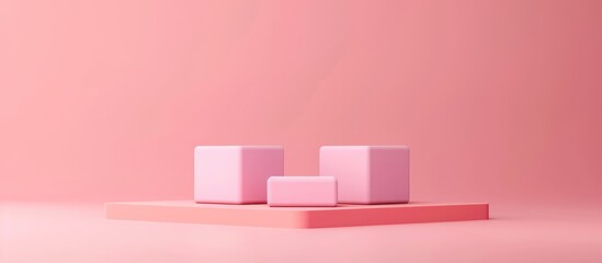 Podium with three 3D pastel square shapes of different sizes on a plain pink backdrop for text placement.