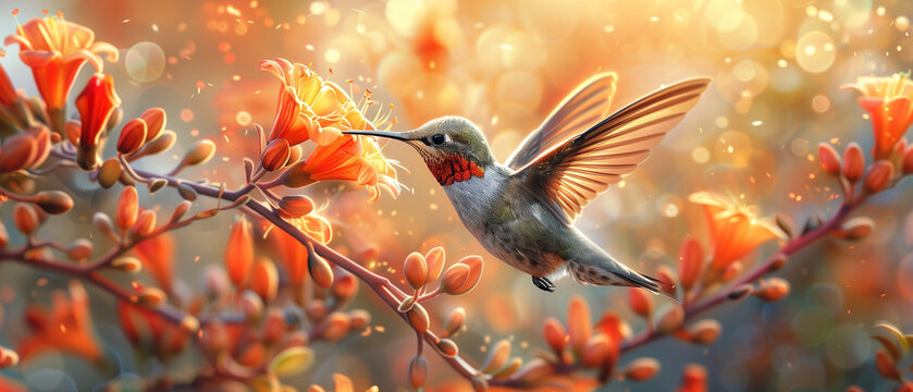 A captivating scene of a hummingbird, its wings a blur