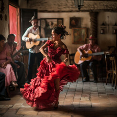 Flamenco Dancer in Traditional Dress Performing with Musicians