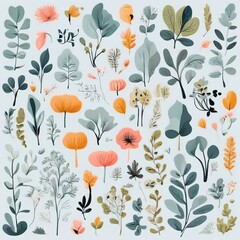 Naklejka premium A collection of seamless pattern, colorful abstract plants and flowers. Hand drawn Collection of leaves and flowers. A close up of a pattern of flowers and leaves. 