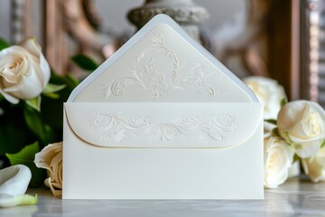 Elegant White Embossed Wedding Invitation Envelope on Decorative Background with White Roses