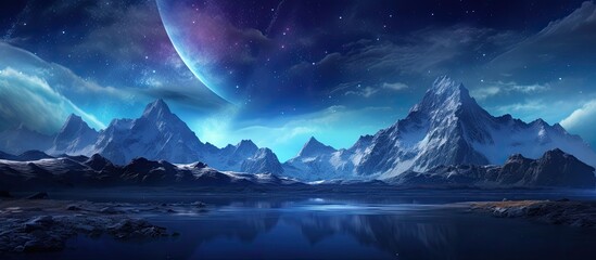 A picturesque natural landscape with a lake reflecting the mountains, fluffy clouds in the sky, and a distant planet shining in the horizon. The perfect setting for outdoor entertainment