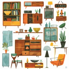 A clipart illustration featuring various interior elements on a white background