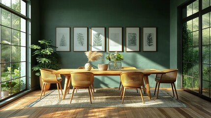Bright, airy Scandinavian dining area showcasing a mid-century wooden table and chairs, complemented by a fresh green wall and natural light. Design concept. Home concept. Real estate concept. House