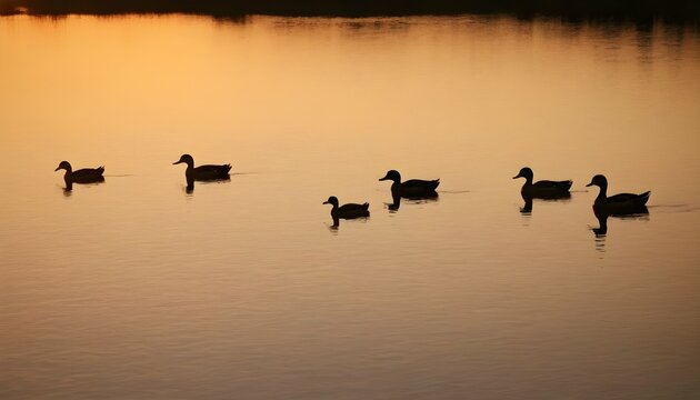 Ducks With Their Silhouettes Against A Golden Suns