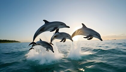 A Dynamic Shot Of A Pod Of Dolphins Leaping In Uni - obrazy, fototapety, plakaty