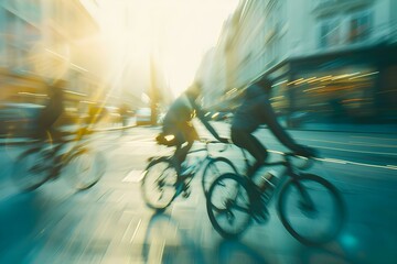 Cyclists blur through city streets promoting sustainable living and ecofriendly commuting in an urban environment. Concept Ecofriendly Commuting, Sustainable Living, City Streets, Cyclists