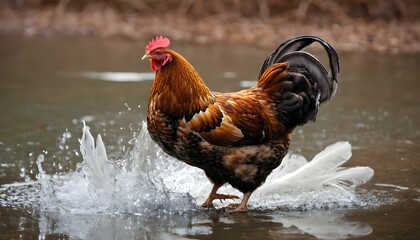 A Hen With Her Feathers Ruffled Shaking Off Water - obrazy, fototapety, plakaty