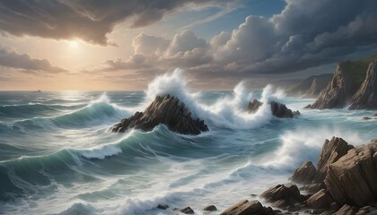 A Captivating Seascape With Crashing Waves Rocks - obrazy, fototapety, plakaty