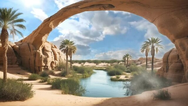oasis in the desert, background , 4k, animation video, Seamless looping, footage, generative ai