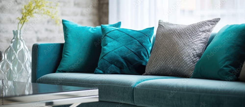 Poster an up-close view of a comfortable sofa adorned with cushions and a decorative vase placed on a side 