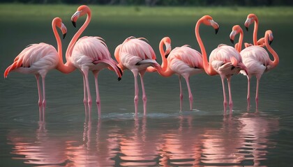 Flamingos With Their Long Legs Submerged In Water