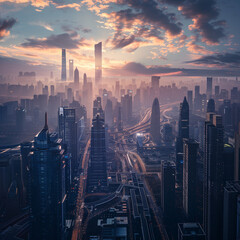 Futuristic Cityscape at Sunset with Skyscrapers and Dynamic Lighting - obrazy, fototapety, plakaty
