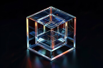 Obraz premium Glass cube in an abstract 3D render on a dark background