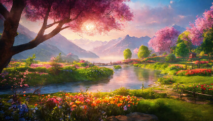 Beautiful colorful spring landscape with river and a blooming highlans valley