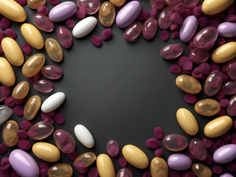 Capsules with granule backgrounds with copy space can be used as medical mockups or templates—3D Rendering design.